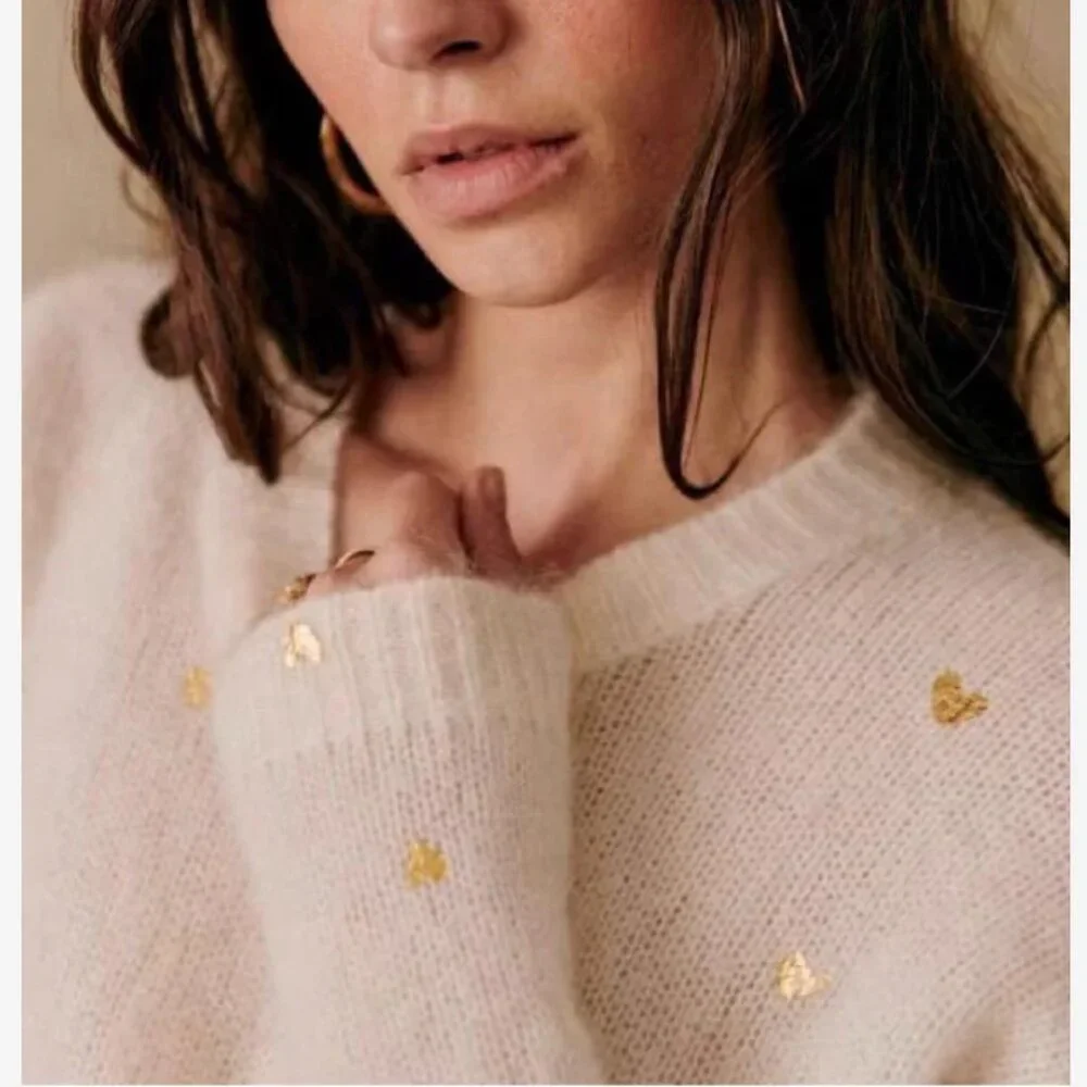 Sezane Cinta Jumper XSmall Sweaters Golden Heart Ecru Cream Ivory French Knit - Picture 2 of 10